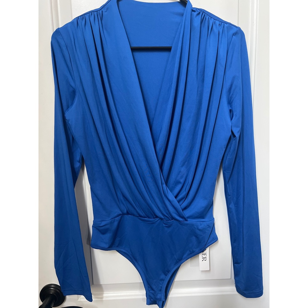 LYNER Womens Royal Blue Long Sleeve Surplice Draped V-Neck Bodysuit Size S NWT